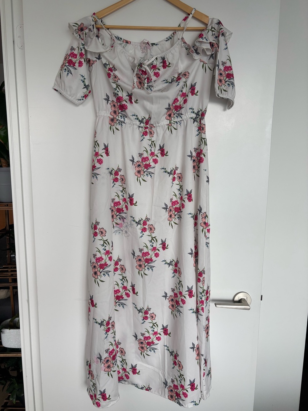 Mast & Harbour 17” PTP Floral Cold-Shoulder Maxi Dress, White/Pink, Size Medium. - Picture 6 of 15